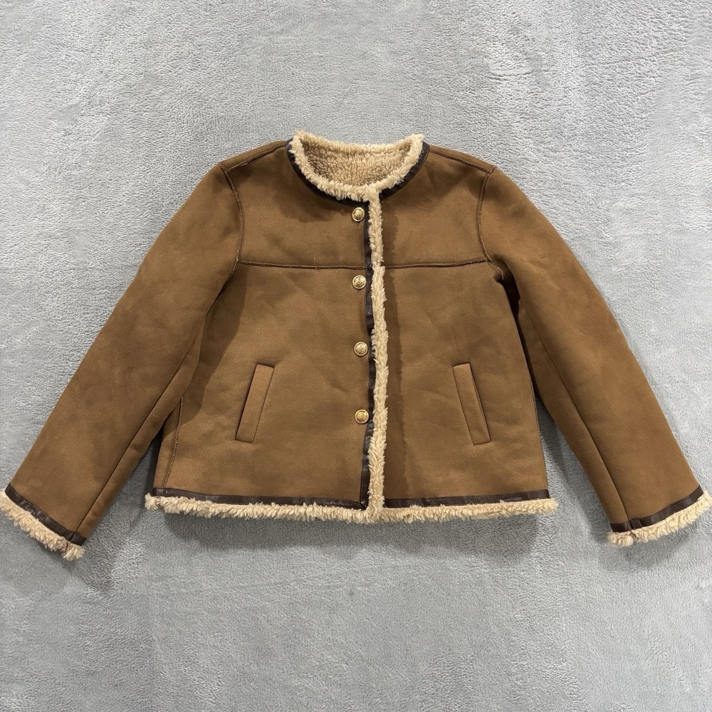 Fashion Classic Sherpa Faux Suede Jacket Womens S - M Button Quiet Luxury Beige